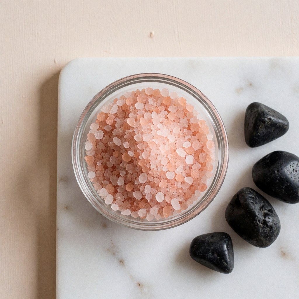 A close-up view of pink Himalayan salt and smooth hot basalt stones arranged in a white marble bowl, symbolizing relaxation and wellness for a relaxing massage business.