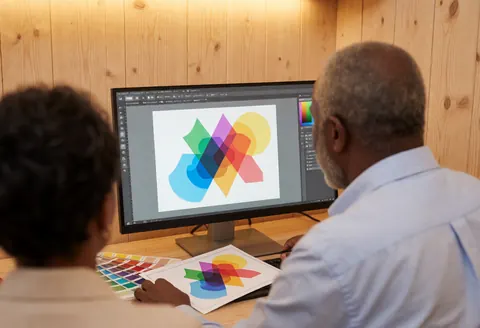 A graphic design workspace featuring a computer monitor displaying vector geometry, surrounded by design tools, colorful swatches, and wooden surfaces in a professional office setting.