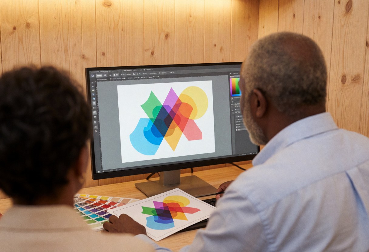 A graphic design workspace featuring a computer monitor displaying vector geometry, surrounded by design tools, colorful swatches, and wooden surfaces in a professional office setting.