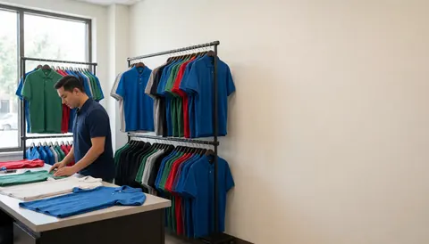 Professional working at a table with colorful shirts, shirt racks in the background, natural light from a window, text space on the right wall