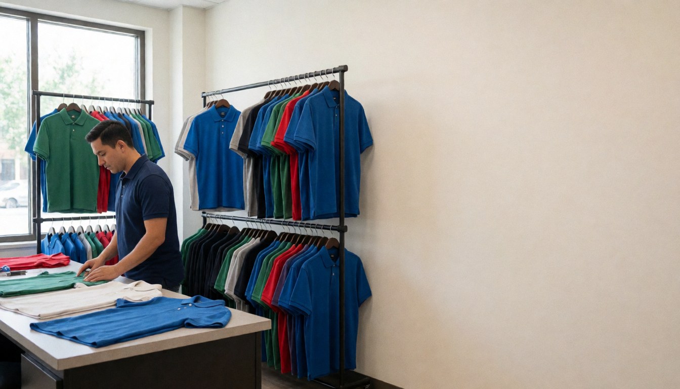 Professional working at a table with colorful shirts, shirt racks in the background, natural light from a window, text space on the right wall
