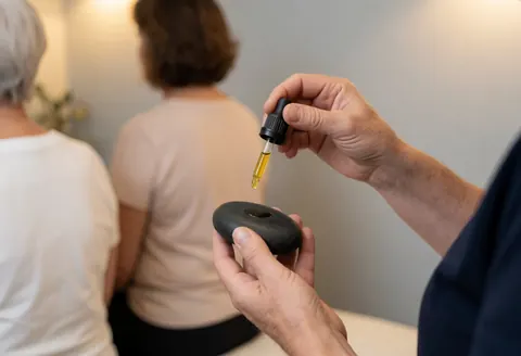 Therapist applying essential oil to a hot stone on a client's back in a spa with warm lighting and gray walls