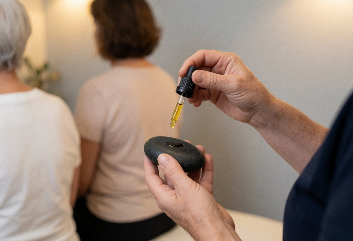 Therapist applying essential oil to a hot stone on a client's back in a spa with warm lighting and gray walls