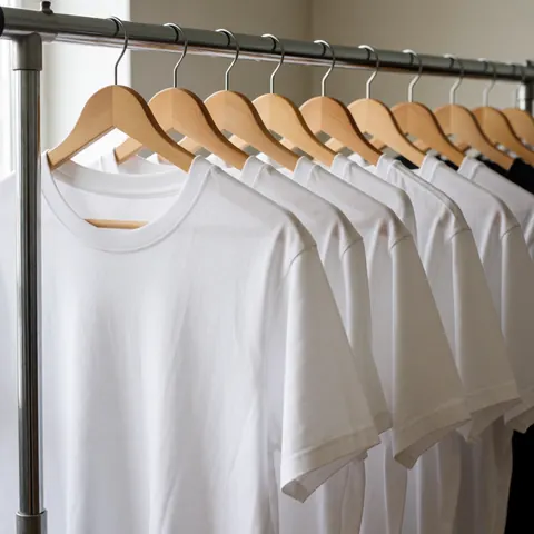 White cotton t-shirts hanging on wooden hangers on a metal rack with natural lighting and a neutral background