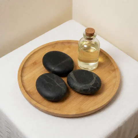 Organic hot stone massage kit arranged on a wooden tray with essential oil bottles, set against a neutral beige background for spa product display