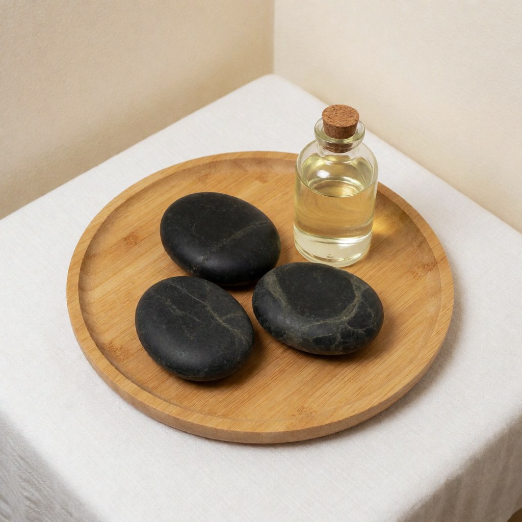 Organic hot stone massage kit arranged on a wooden tray with essential oil bottles, set against a neutral beige background for spa product display