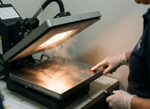 Worker wearing gloves pressing red button on thermal press with steam rising, gray background, clothing customization process