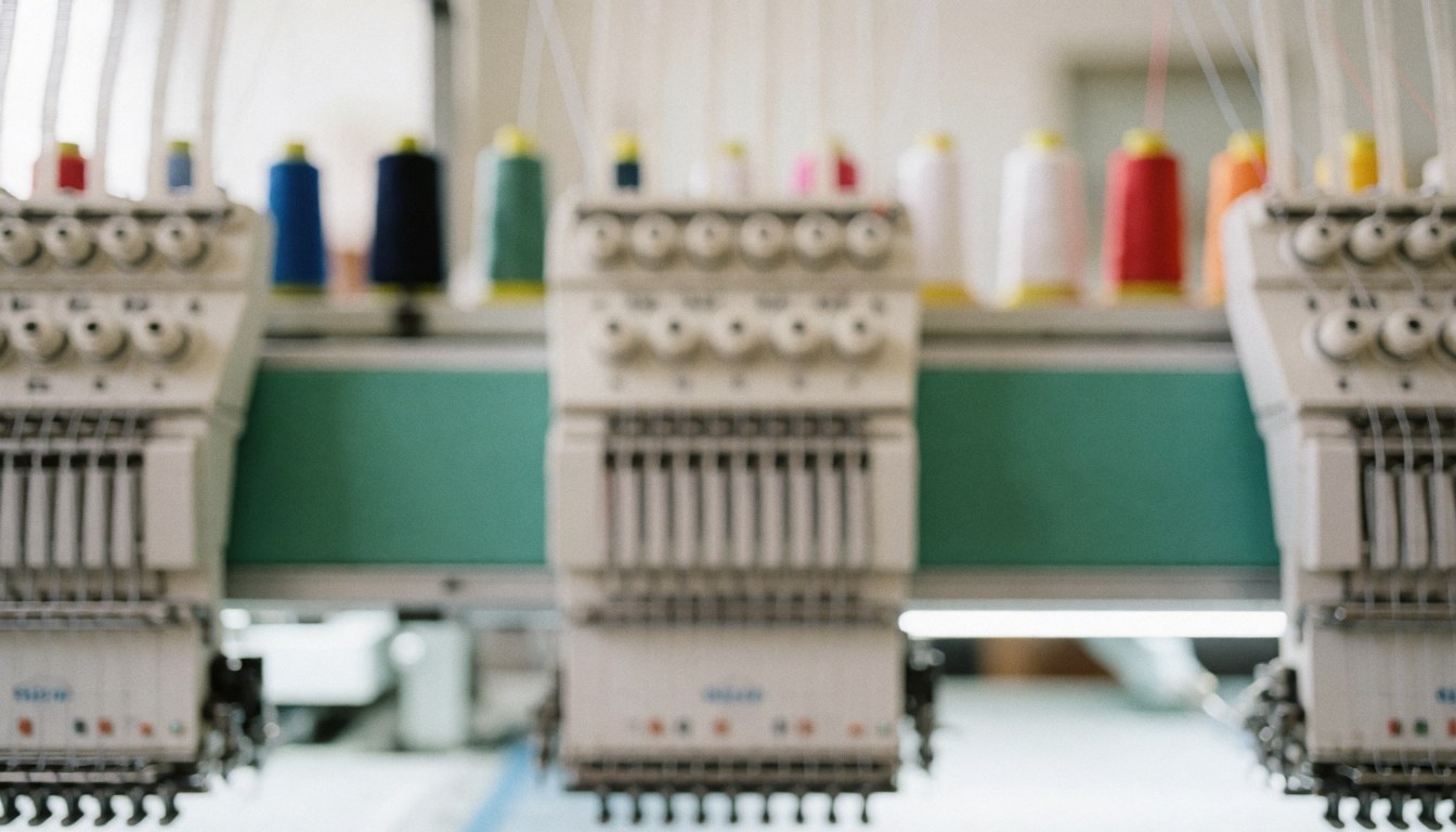 Close-up view of colorful embroidery thread spools arranged on a textured fabric background suitable for text overlay