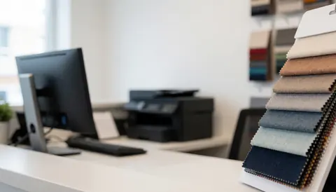Clean white background featuring a workspace with a computer, printer, and fabric swatches, ideal for business and design text overlays