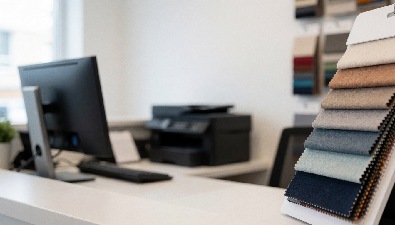 Clean white background featuring a workspace with a computer, printer, and fabric swatches, ideal for business and design text overlays