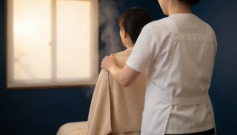 A client receiving a warm bamboo wrap treatment during a relaxing spa massage session