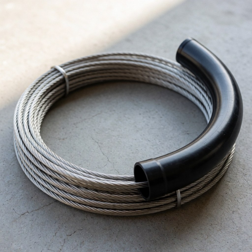 Detailed view of a stainless steel brake cable with black casing resting on a concrete surface in a bike repair shop