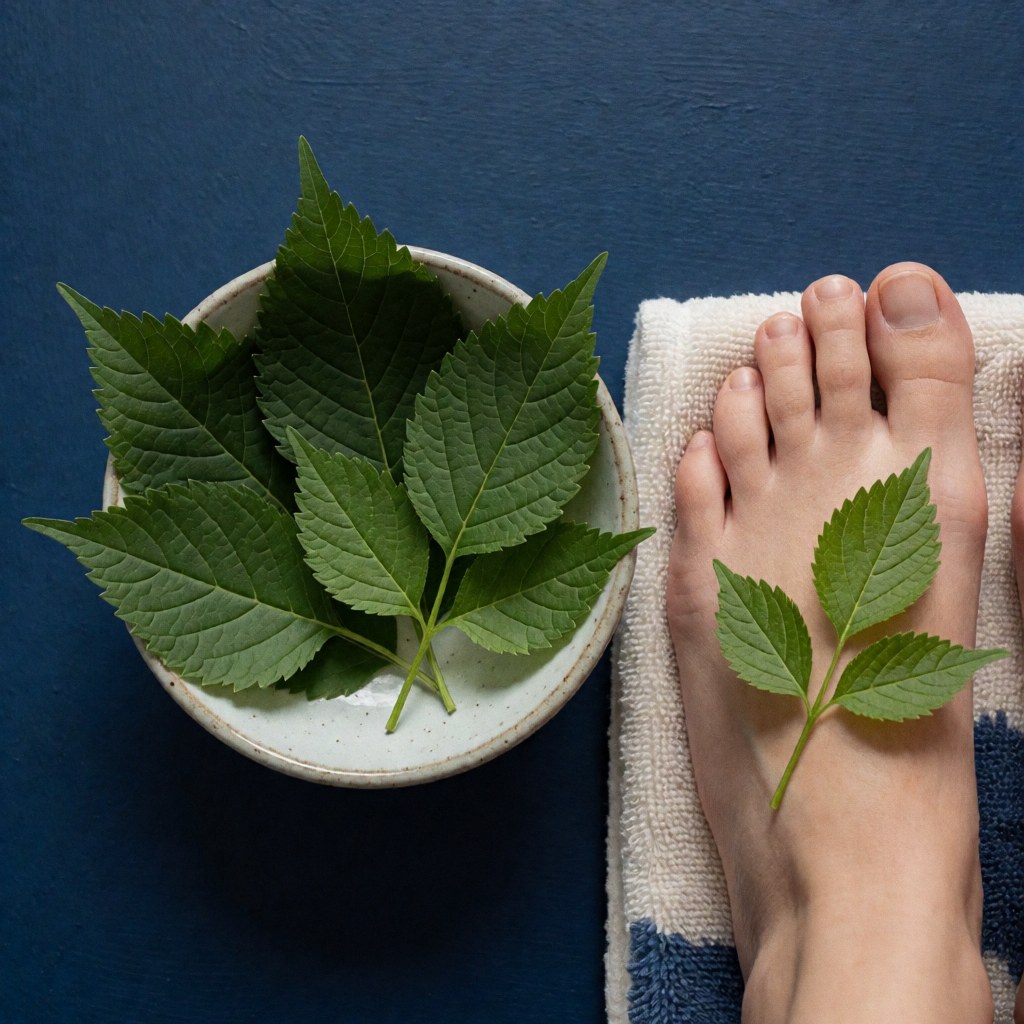 Foot resting on white towel beside cup with fresh rue leaves for natural herbal reflexology treatment