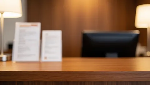 Softly blurred background of a reception area featuring wooden surfaces, a lamp, brochures, and a computer, creating a calm and professional atmosphere for text overlay.