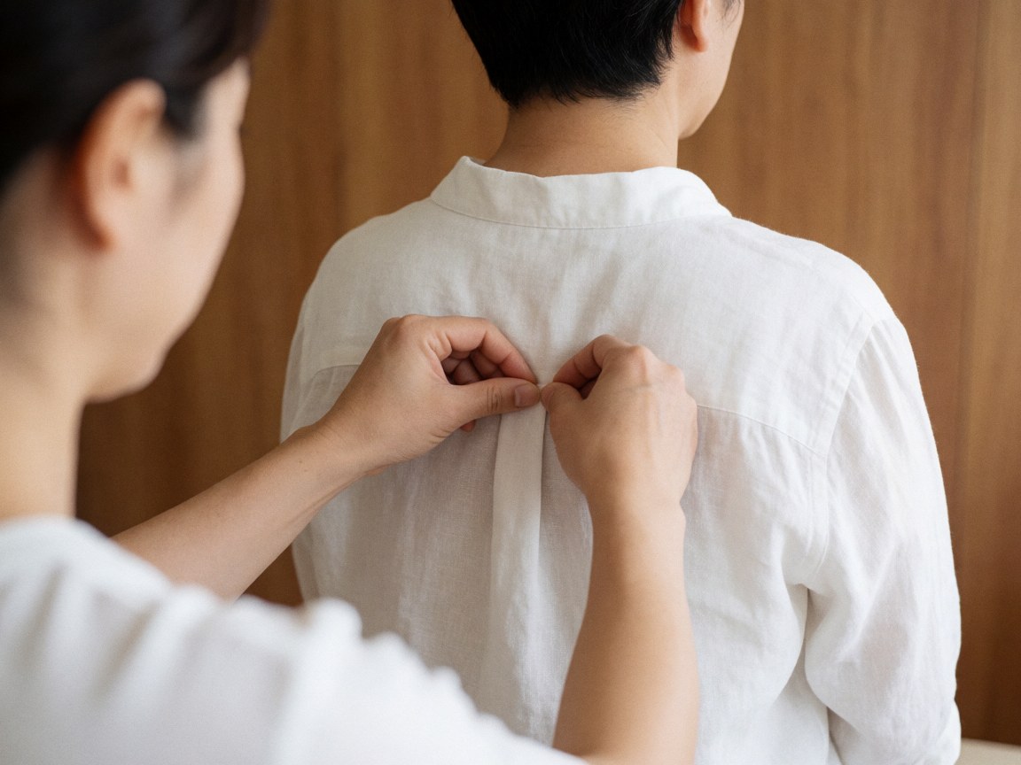 Close-up of a therapist's hands performing a shoulder massage on a client wearing a white shirt, focusing on the technique and relaxation.