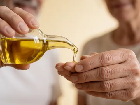 A close-up view of clear, beige massage oil flowing from a bottle, highlighting its smooth texture and purity for spa and wellness contexts