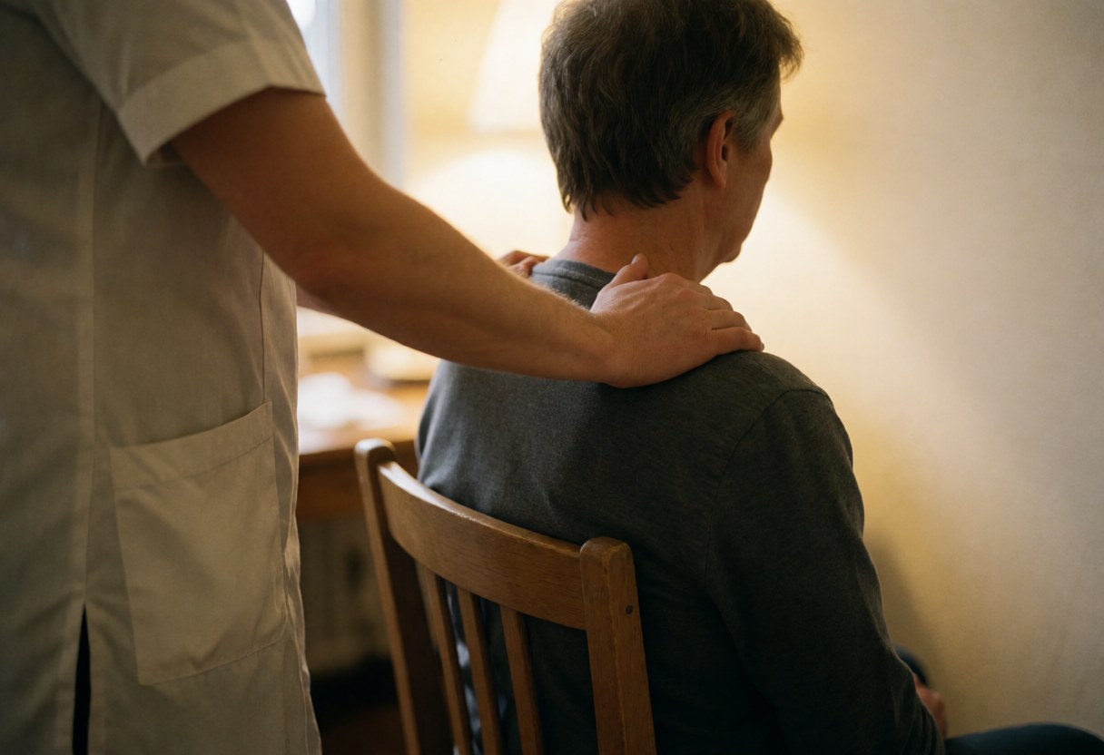 Therapist massaging a seated client's back in a wooden chair under warm lighting for a relaxing atmosphere