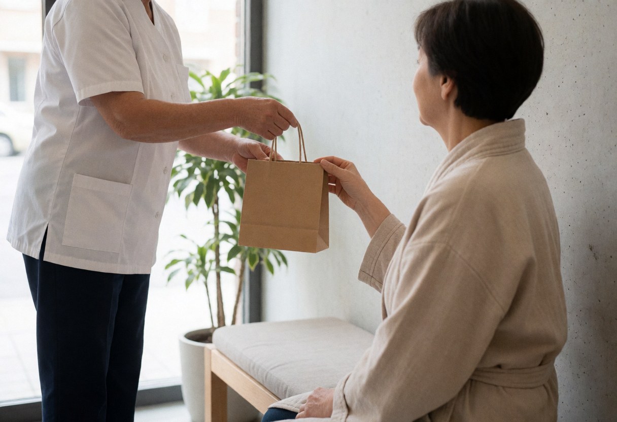 A professional massage therapist in uniform hands a paper gift bag to a relaxed client in a clean, minimalist treatment room with natural light.