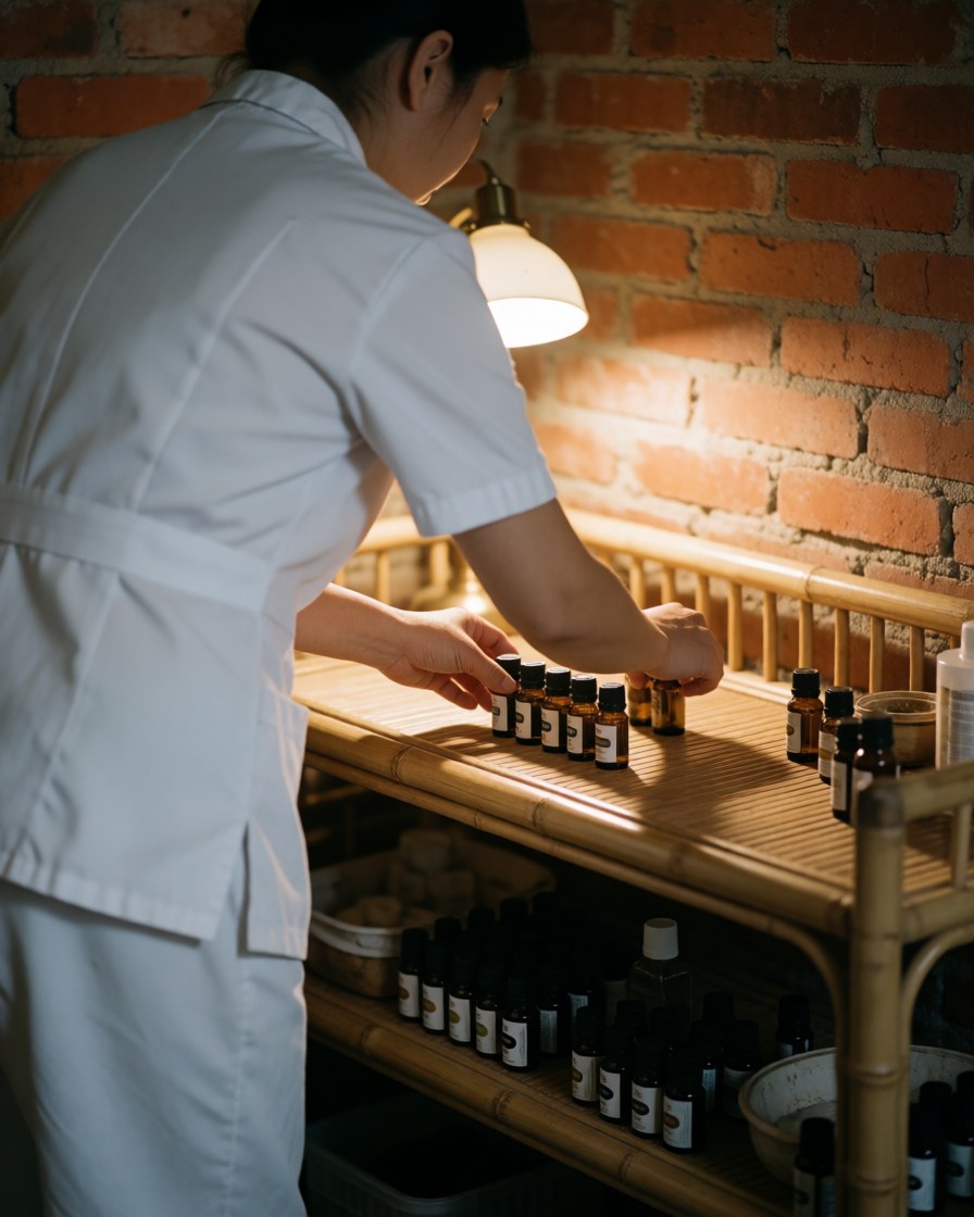 Therapist in white uniform arranging essential oil bottles on a bamboo shelf against a brick wall, lit by a warm lamp.