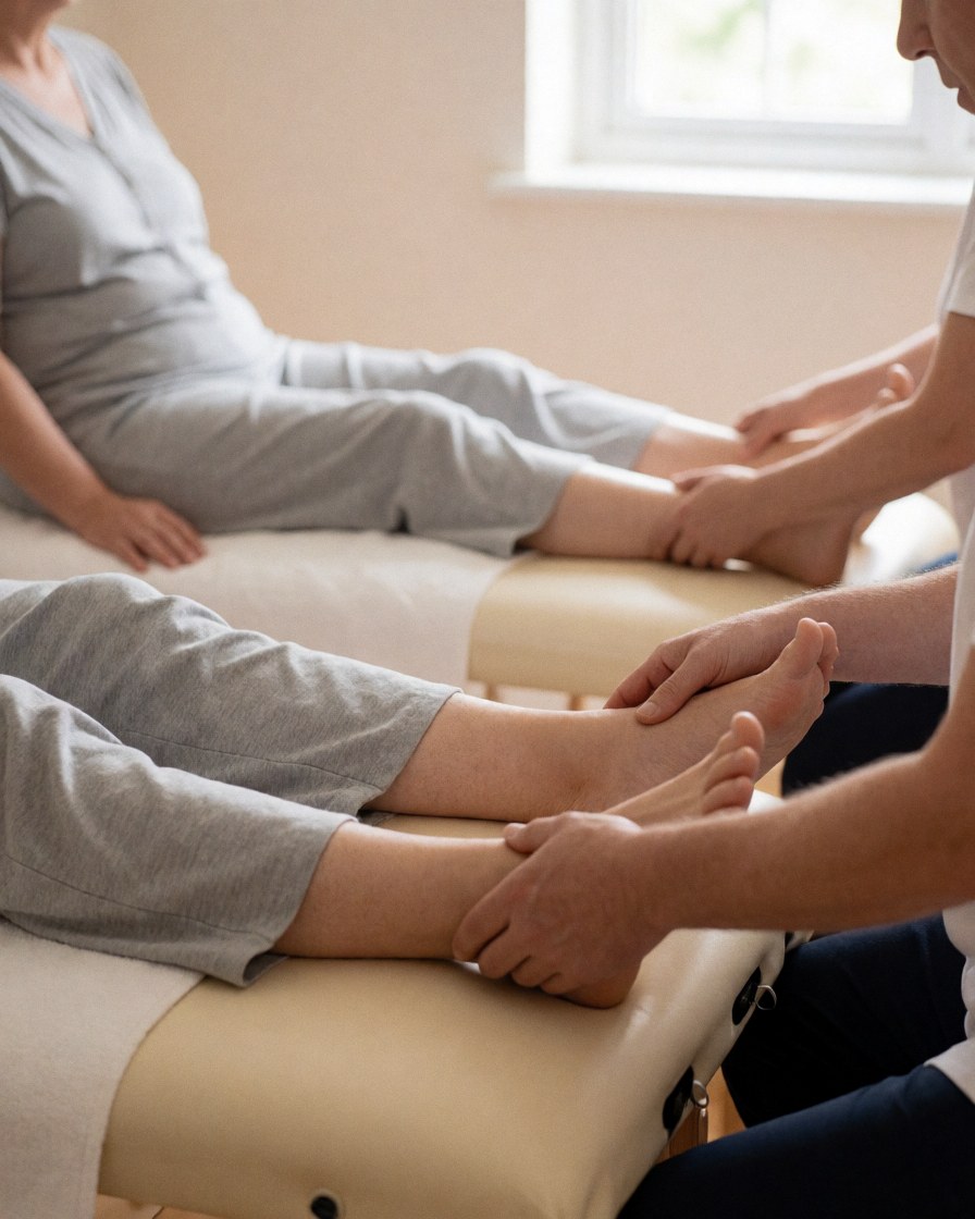A relaxed customer receiving a soothing reflexology treatment with warm stones on a massage bed in a serene spa setting