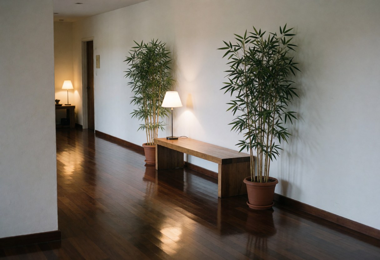 Tranquil spa entrance hallway featuring polished dark wood floors, a wooden bench, tall bamboo plants, and soft lighting for a relaxing atmosphere.