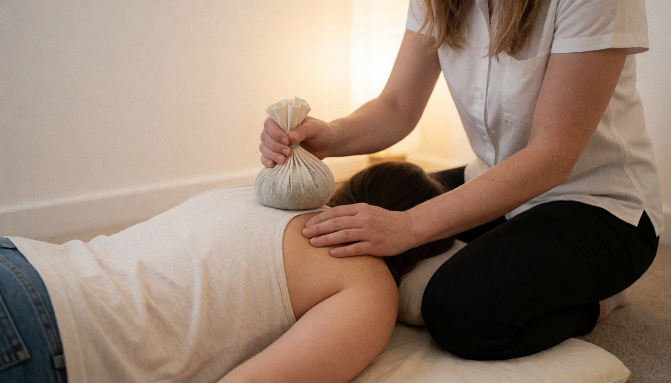 Close-up of a warm herbal compress bag being applied during a soothing therapeutic massage session for relaxation and wellness