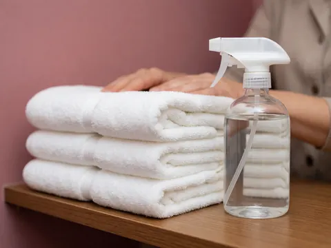 White towels and a cleaning spray bottle arranged on a wooden shelf, ready for Thai massage hygiene and care.