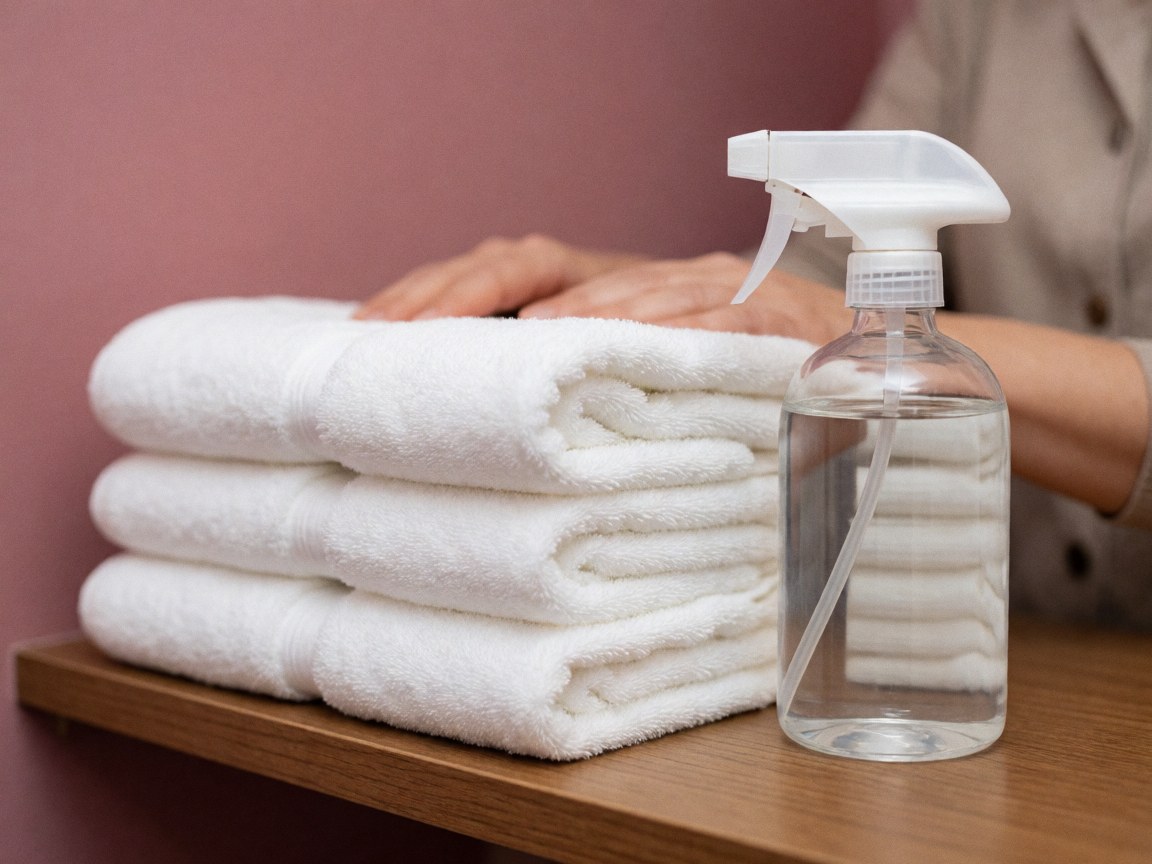 White towels and a cleaning spray bottle arranged on a wooden shelf, ready for Thai massage hygiene and care.