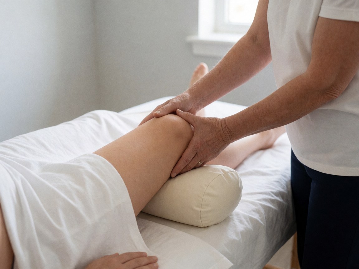 Therapist hands supporting a client's knee on a white cushion in a calm, clean massage studio with natural light