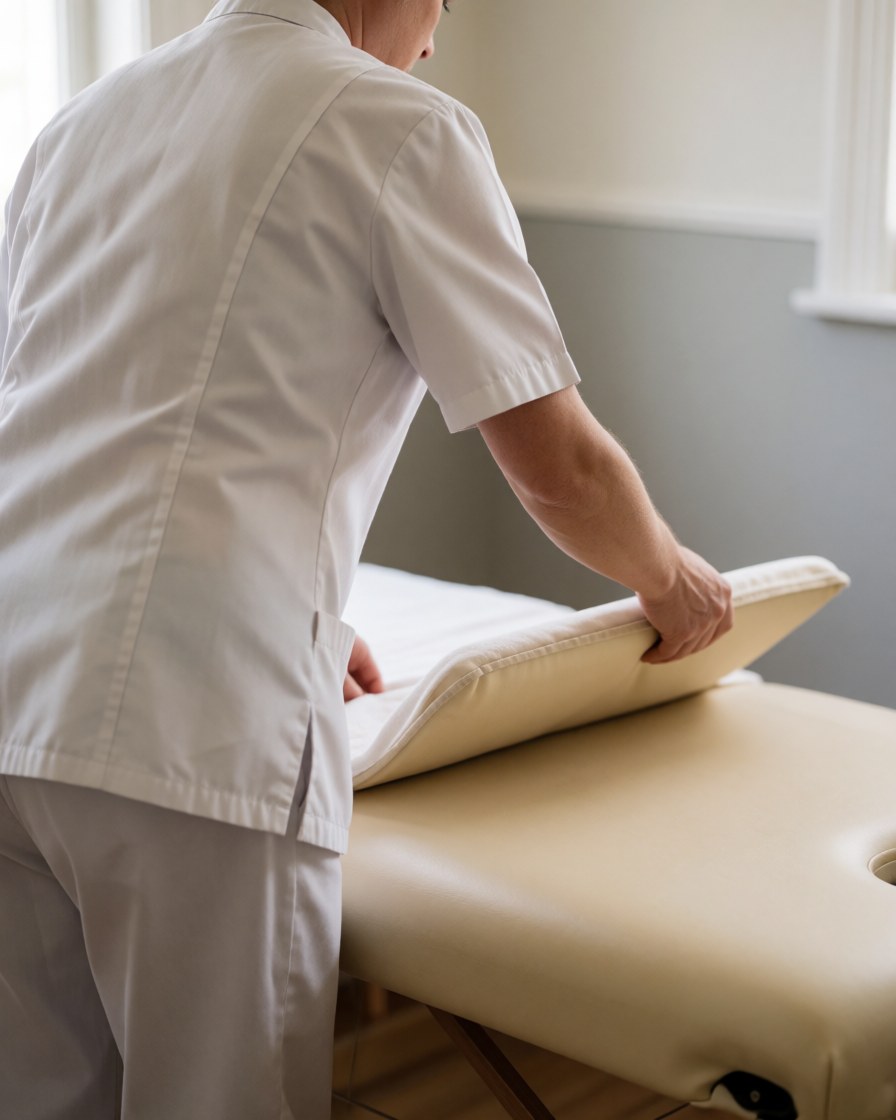 A therapist prepares a clean massage table with a white sheet in a professional studio setting with natural light and a gray wall.