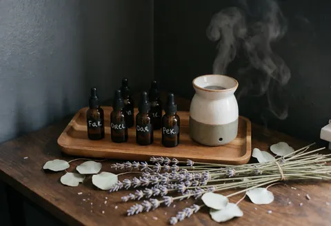 Essential oil bottles, aromatherapy diffuser, lavender and eucalyptus on a dark wood table with gray walls and soft natural light