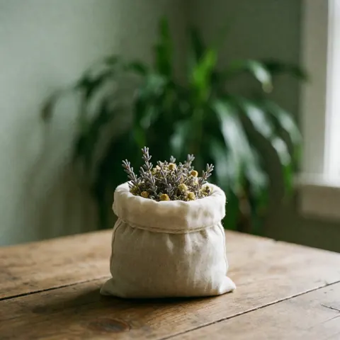 A linen pouch filled with dried herbs resting on a weathered wooden surface with blurred greenery in the background, ideal for aromatherapy and spa product displays