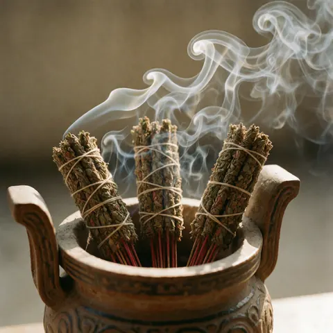 Natural herbal Thai incense burning in a traditional ceramic holder, emitting soft smoke with warm lighting for spa and massage settings.