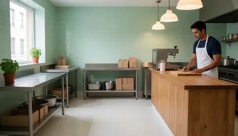 A clean and inviting restaurant kitchen featuring a chef cutting ingredients on a wooden table, surrounded by green walls, hanging lights, and professional equipment.