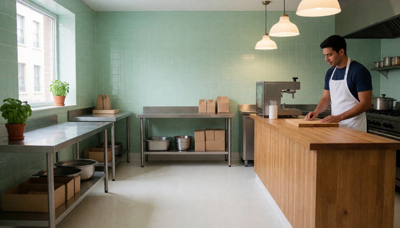 A clean and inviting restaurant kitchen featuring a chef cutting ingredients on a wooden table, surrounded by green walls, hanging lights, and professional equipment.