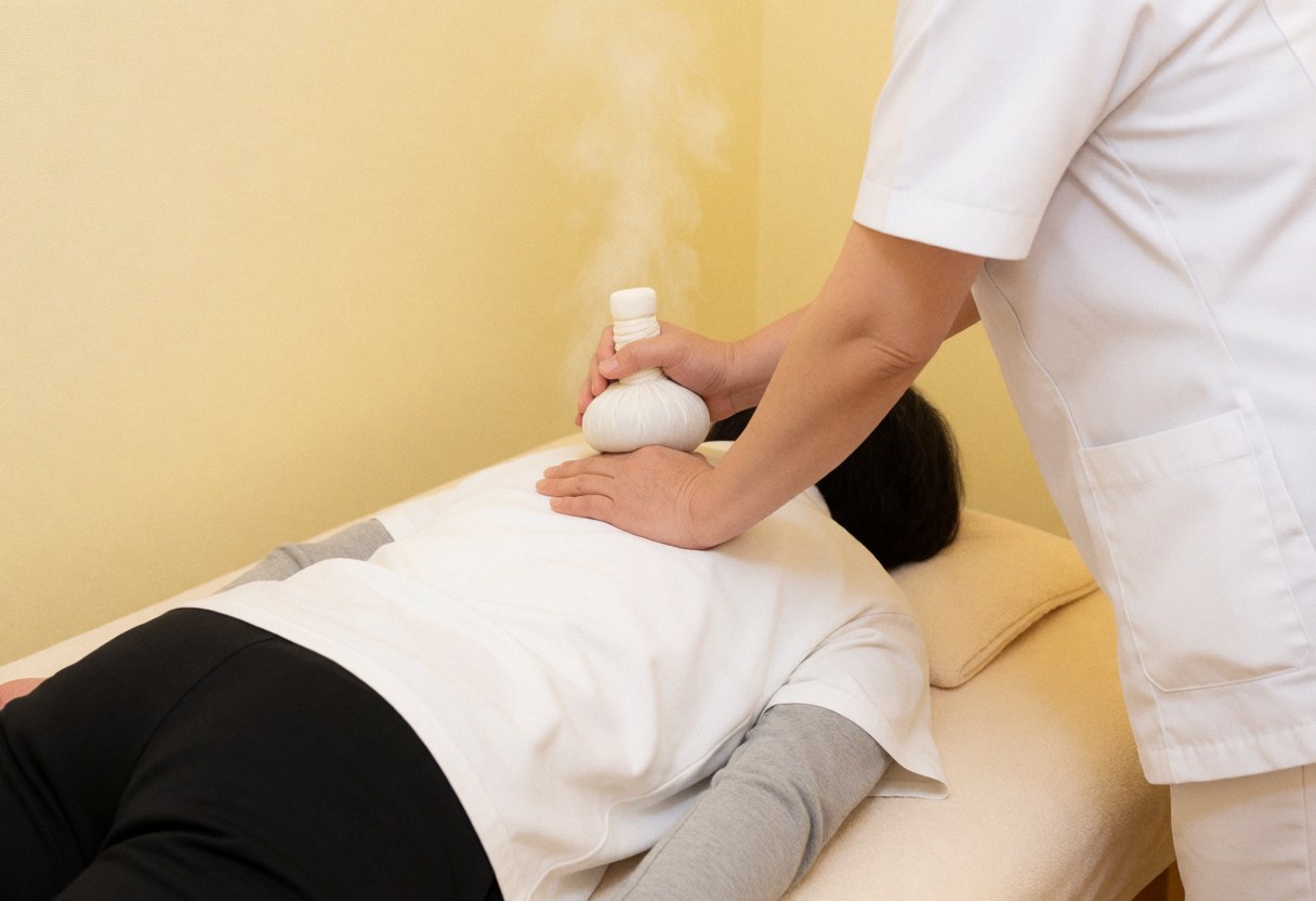 A therapist uses a steaming herbal ball to massage a client's back on a treatment table in a warm spa setting.