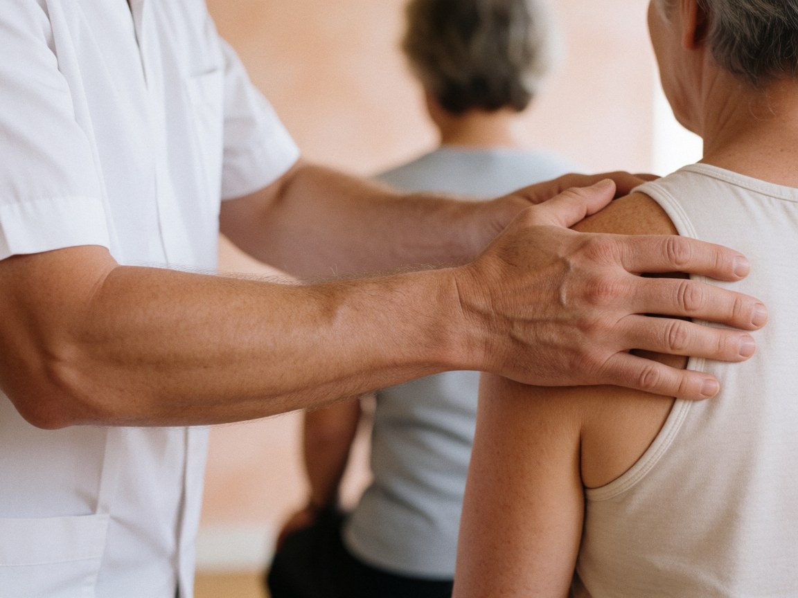 A therapist in a white uniform applying deep pressure massage techniques to a client's shoulder against a terracotta wall in a studio setting