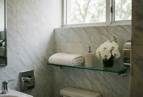 Clean modern bathroom featuring white marble walls, a folded towel, a white orchid, soap dispenser, and natural light from the window.