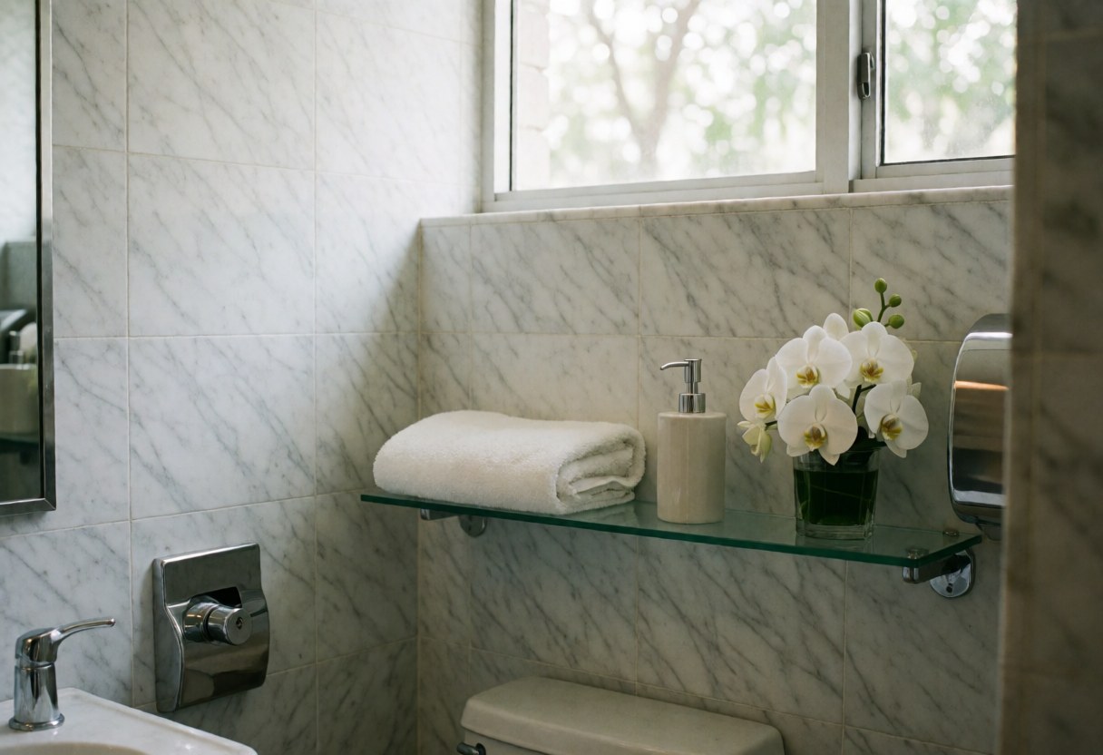 Clean modern bathroom featuring white marble walls, a folded towel, a white orchid, soap dispenser, and natural light from the window.
