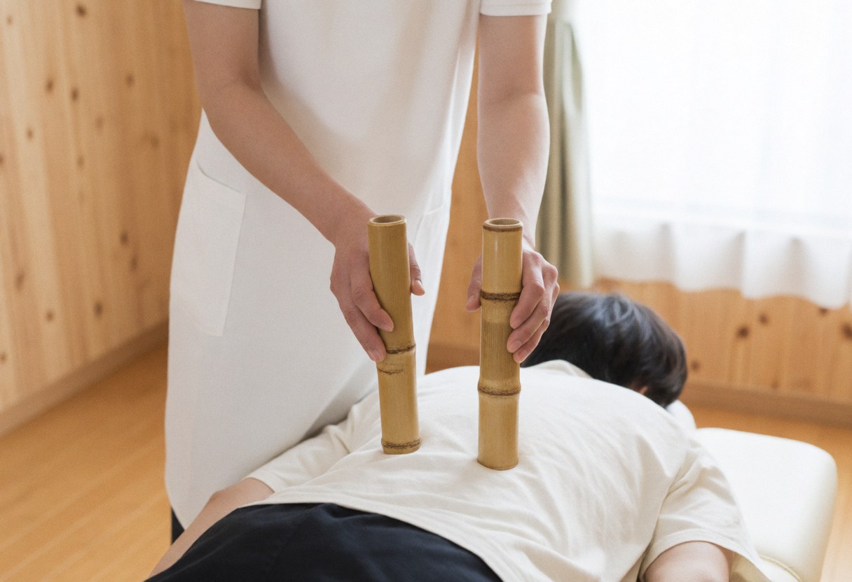 A professional therapist using smooth bamboo tubes to perform a relaxing massage on a client's back in a serene spa setting with natural light and wooden walls.