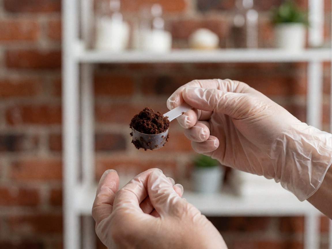 Gloved hand holding a spoon with chocolate scrub against a brick wall and white shelf background