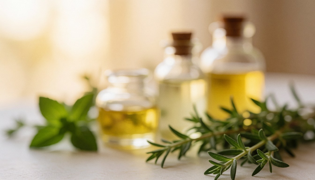 Soft focus background featuring warm ambient lighting and blurred herbal elements, ideal for aromatherapy and spa wellness themes.