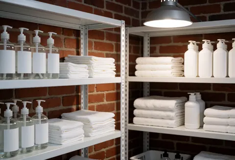 White shelves holding folded towels and hygiene bottles in a clean room with red brick walls and professional lighting