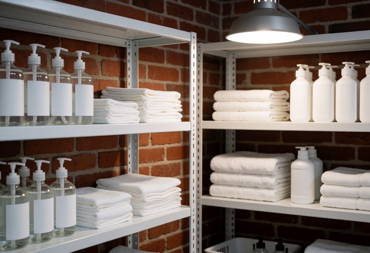 White shelves holding folded towels and hygiene bottles in a clean room with red brick walls and professional lighting
