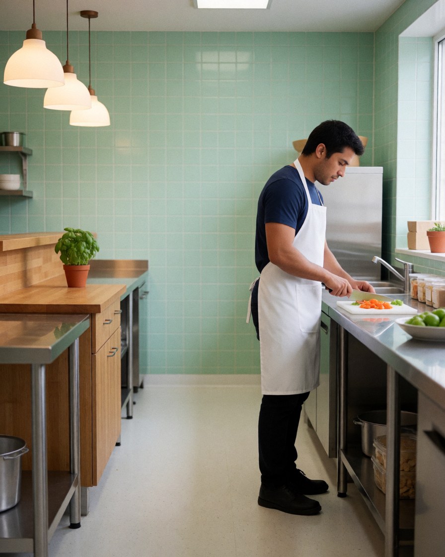 A chef concentrating while slicing fresh vegetables on a griddle in a professional kitchen with green walls and warm lighting