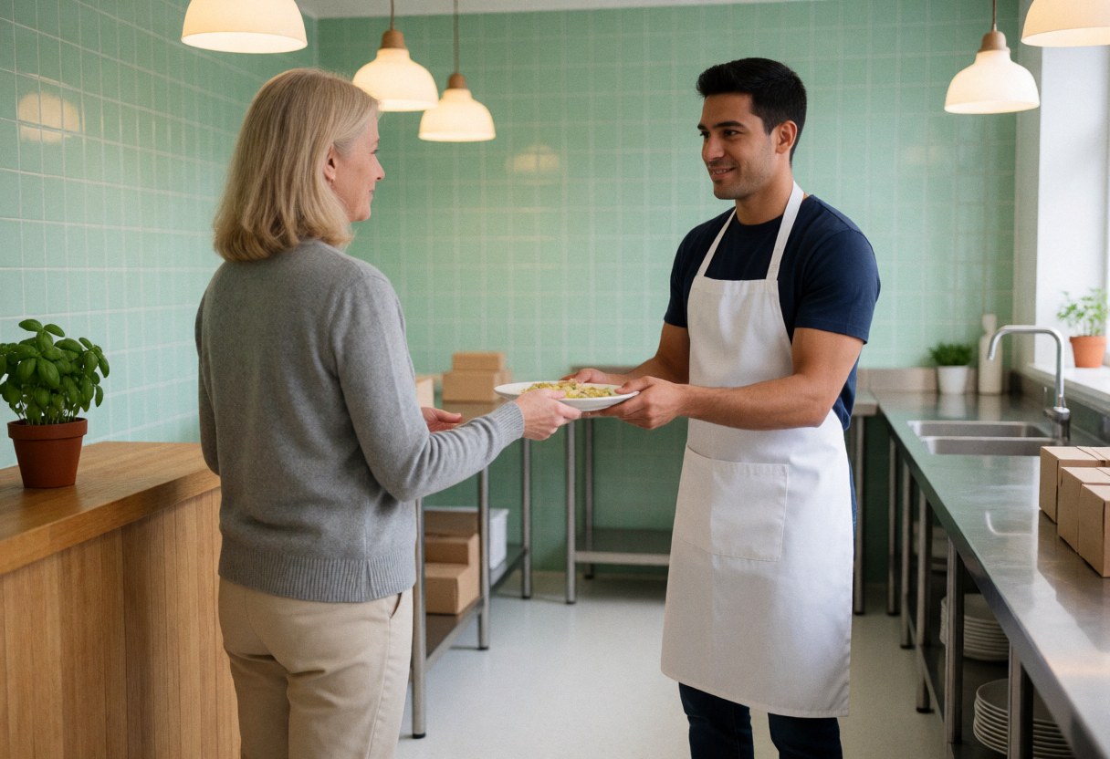 A waiter in a restaurant setting serves a hot meal to a seated customer, with green walls and warm lighting visible in the background.
