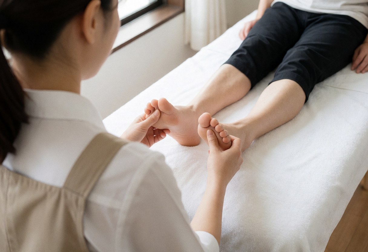 A professional reflexologist wearing a white apron uses their hands to apply pressure to a client's foot during a relaxing wellness treatment in a bright salon.