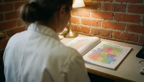 A reflexologist reviews a therapeutic zone guide on a desk with a brick wall and warm lighting, suitable for a health service website.
