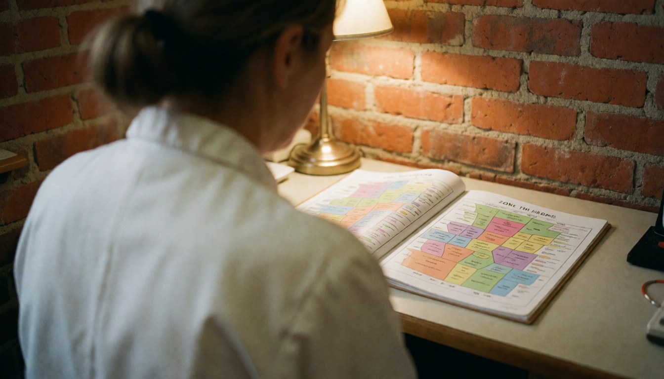 A reflexologist reviews a therapeutic zone guide on a desk with a brick wall and warm lighting, suitable for a health service website.