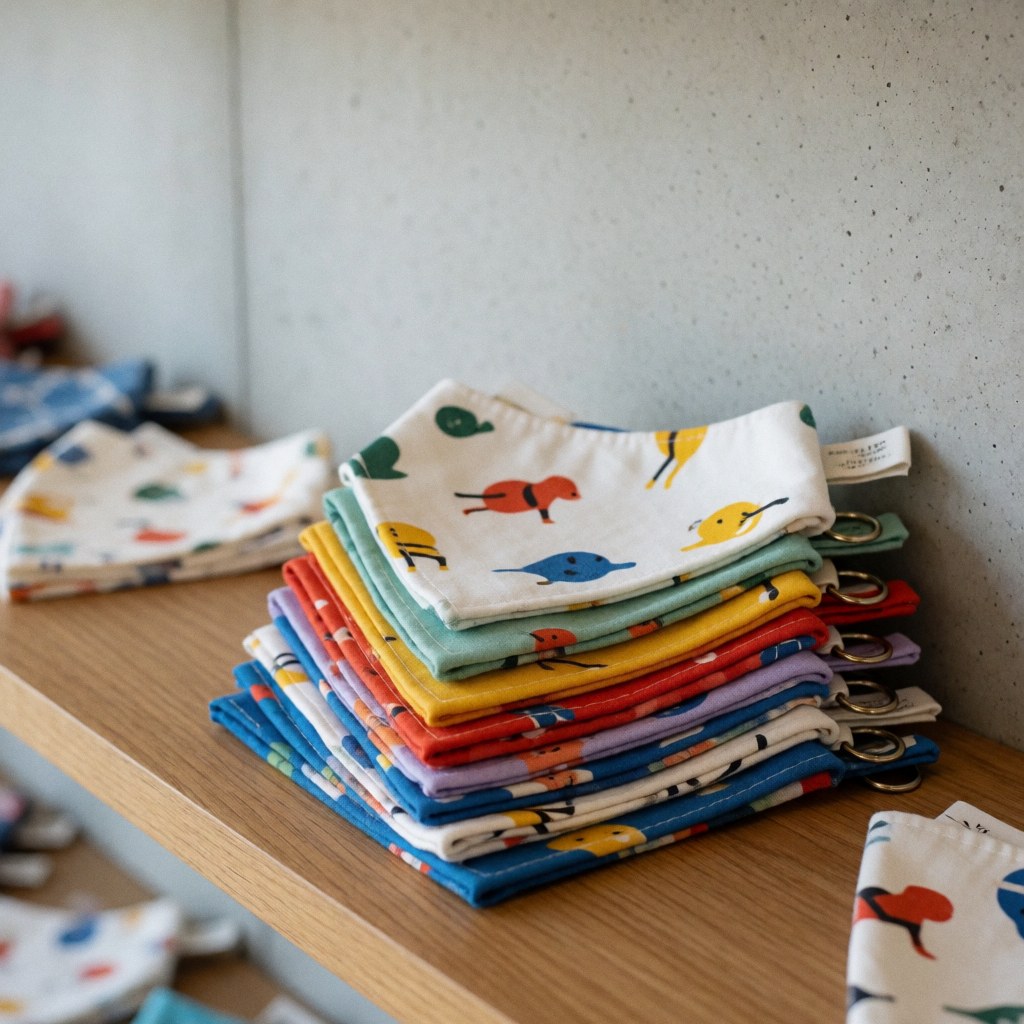 Stack of colorful pet bandanas with animal designs resting on a wooden shelf against a concrete wall with natural lighting